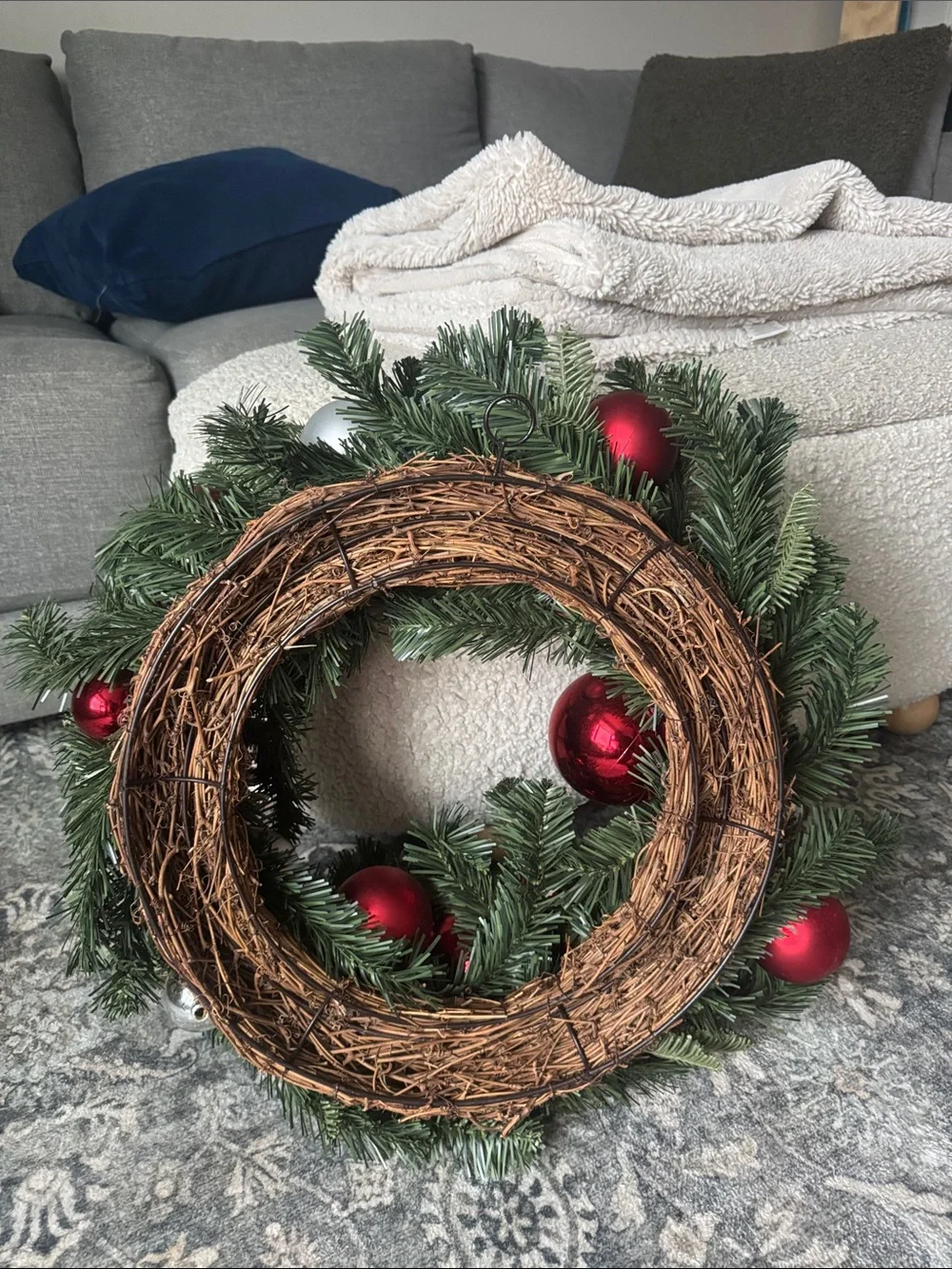 Pottery Barn Red & Silver Ornament 22” Wreath